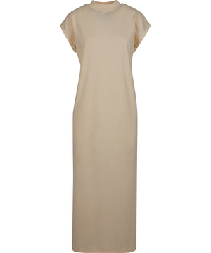 Women’s Long Extended Shoulder Dress in White Sand, front view