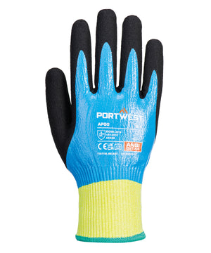 Lifestyle photo of the Cut D13 Nitrile Aqua Gloves (Ap50) in Blue/Black