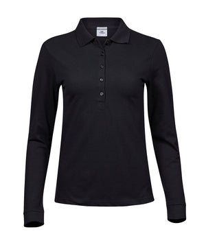 Women’s Luxury Stretch Long Sleeve Polo (146) in Black, front view