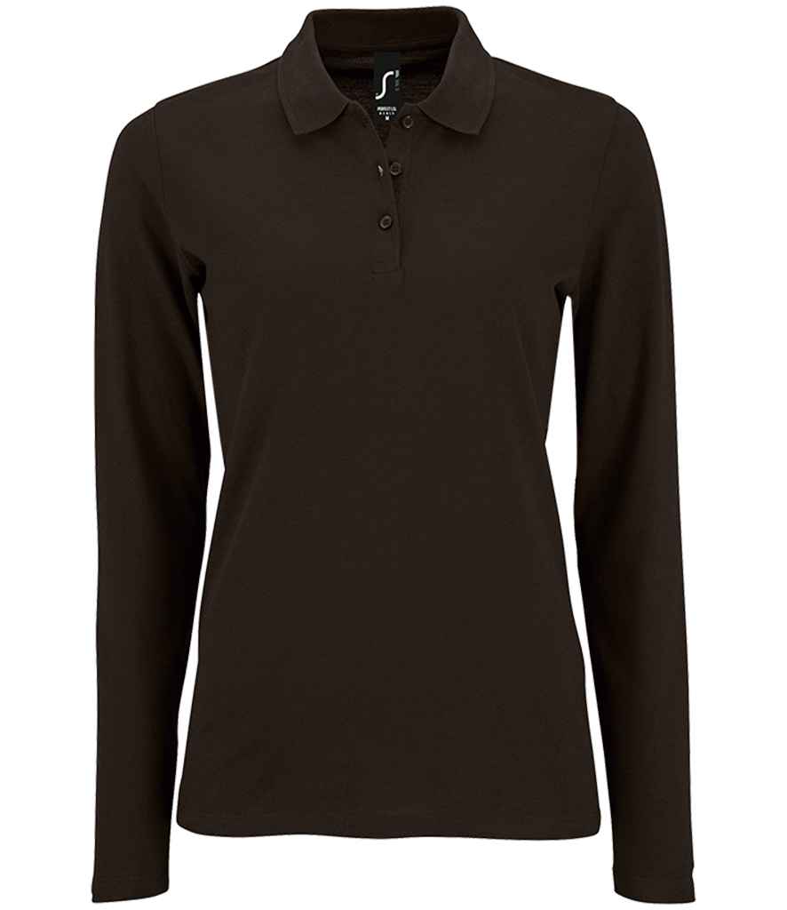 Ladies Perfect Long Sleeve Piqué Polo Shirt in Black, front view