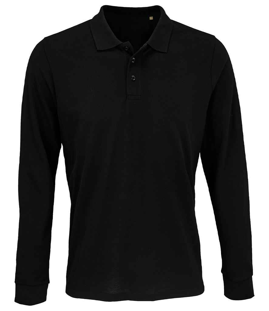 Unisex Prime Long Sleeve Piqué Polo Shirt in Black, front view