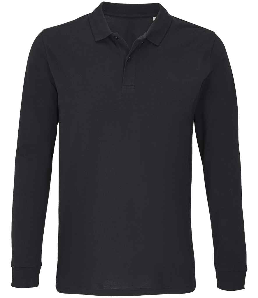 Unisex Planet Long Sleeve Piqué Polo Shirt in Black, front view