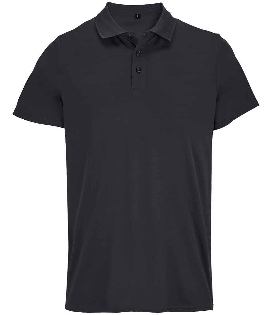 Unisex Pitcher Recycled Polyester Piqué Polo Shirt in Black, front view