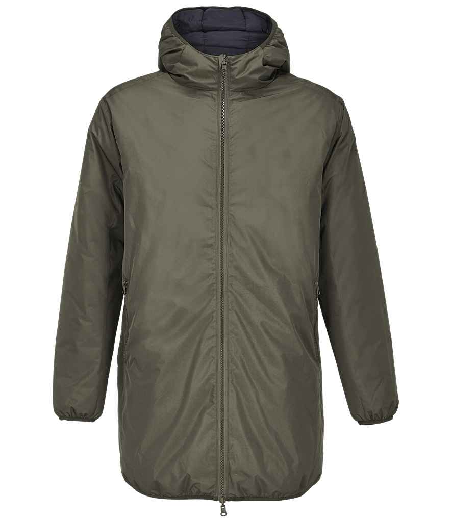 Unisex Reverse Parka Jacket in Army, front view