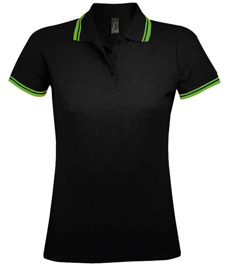 Ladies Pasadena Tipped Cotton Piqué Polo Shirt in Black/Lime Green, front view