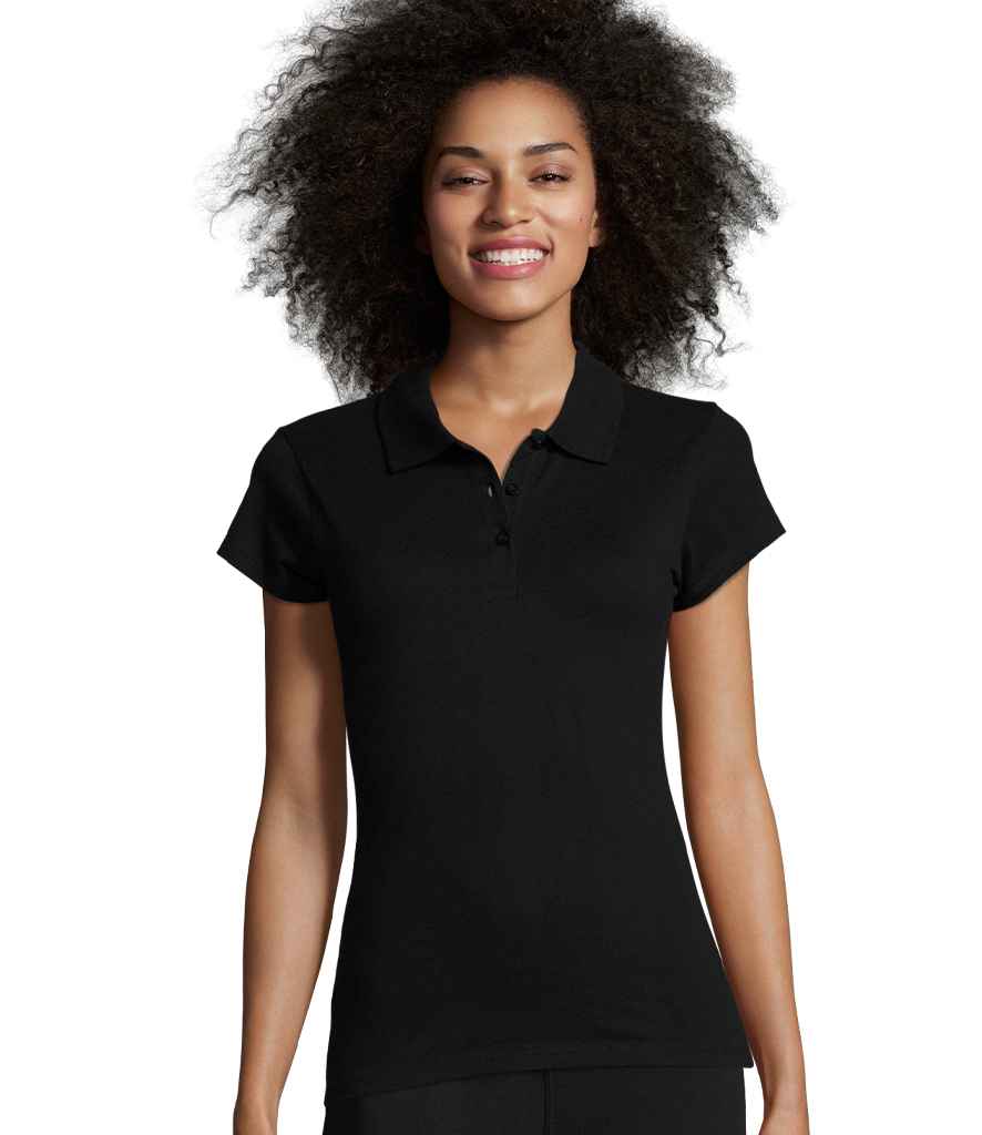 Ladies Prescott Cotton Jersey Polo Shirt in Deep Black, model photo (1)