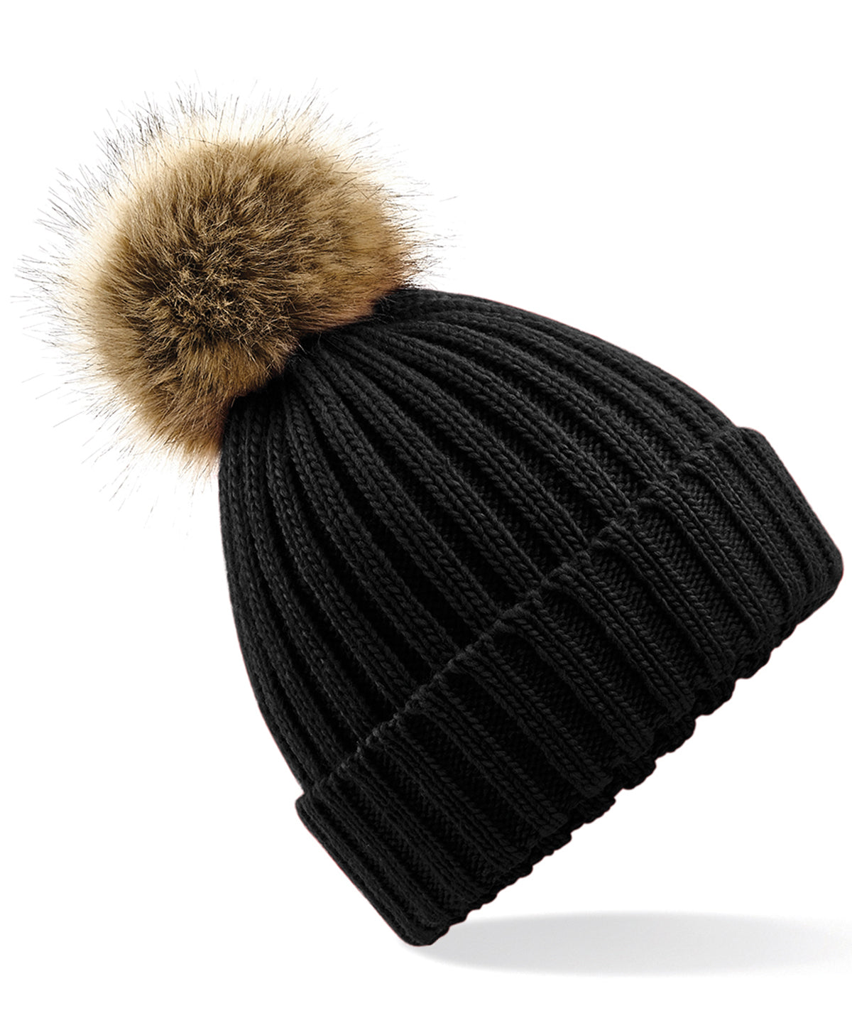 Fur Pop Pom Chunky Beanie in Black