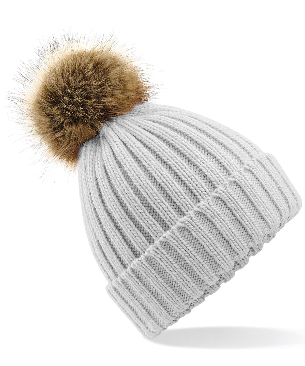 Fur Pop Pom Chunky Beanie in Light Grey