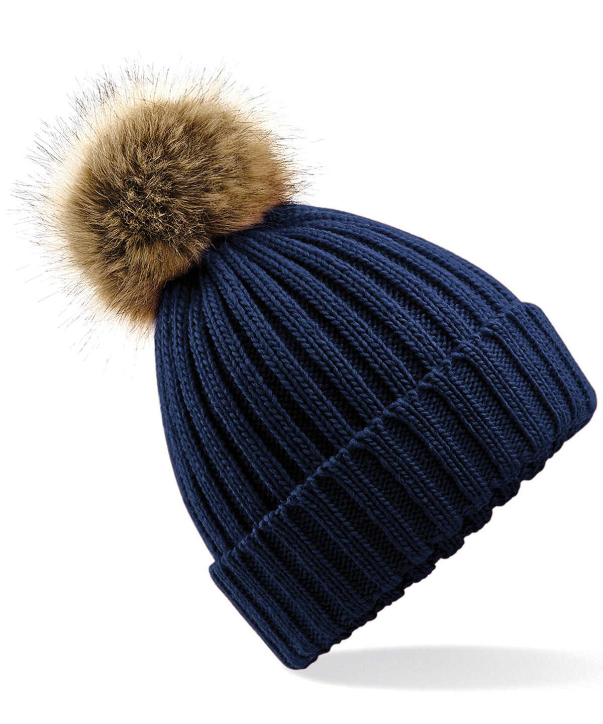 Fur Pop Pom Chunky Beanie in Navy