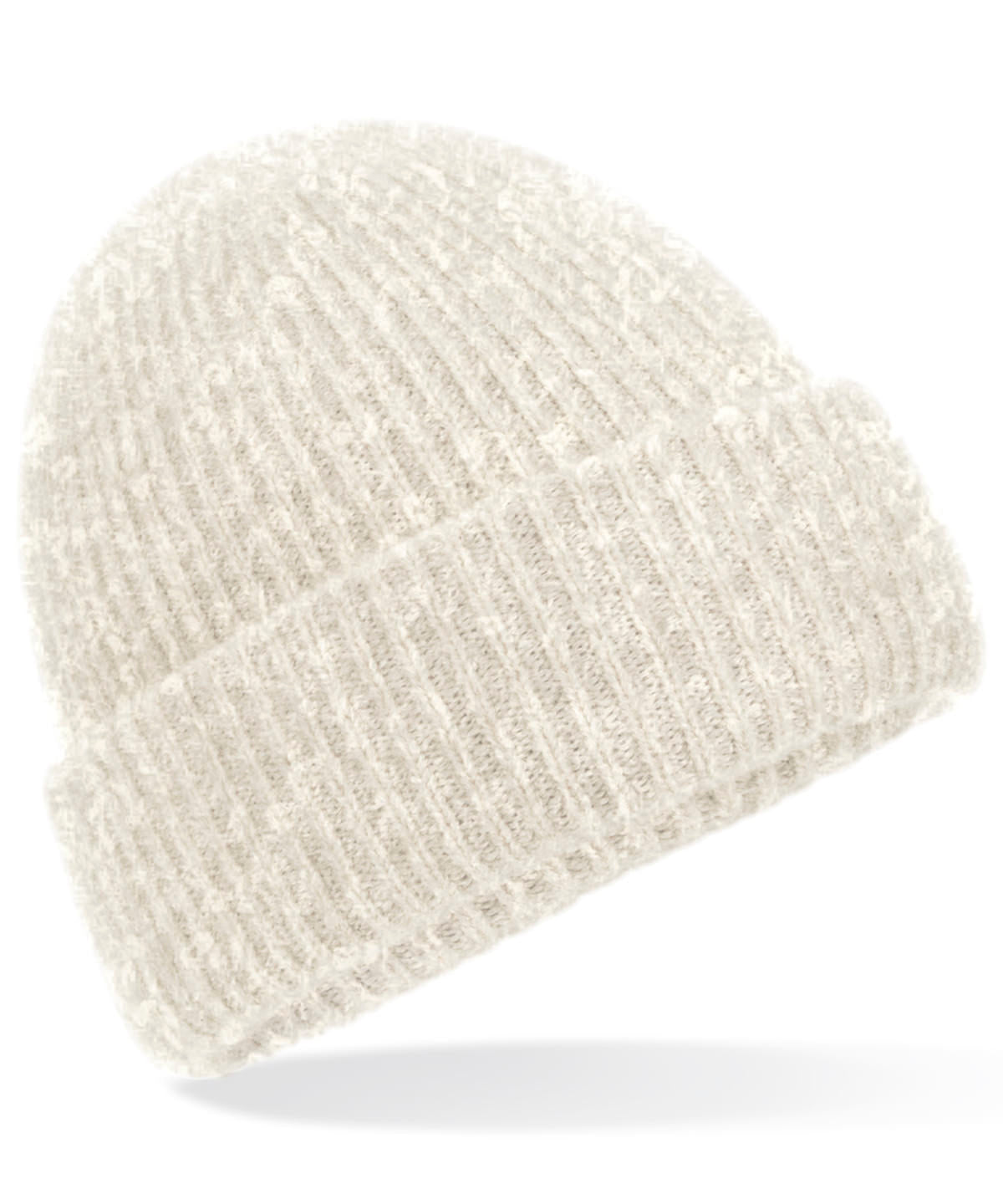 Cosy Ribbed Beanie in Almond Marl, front view