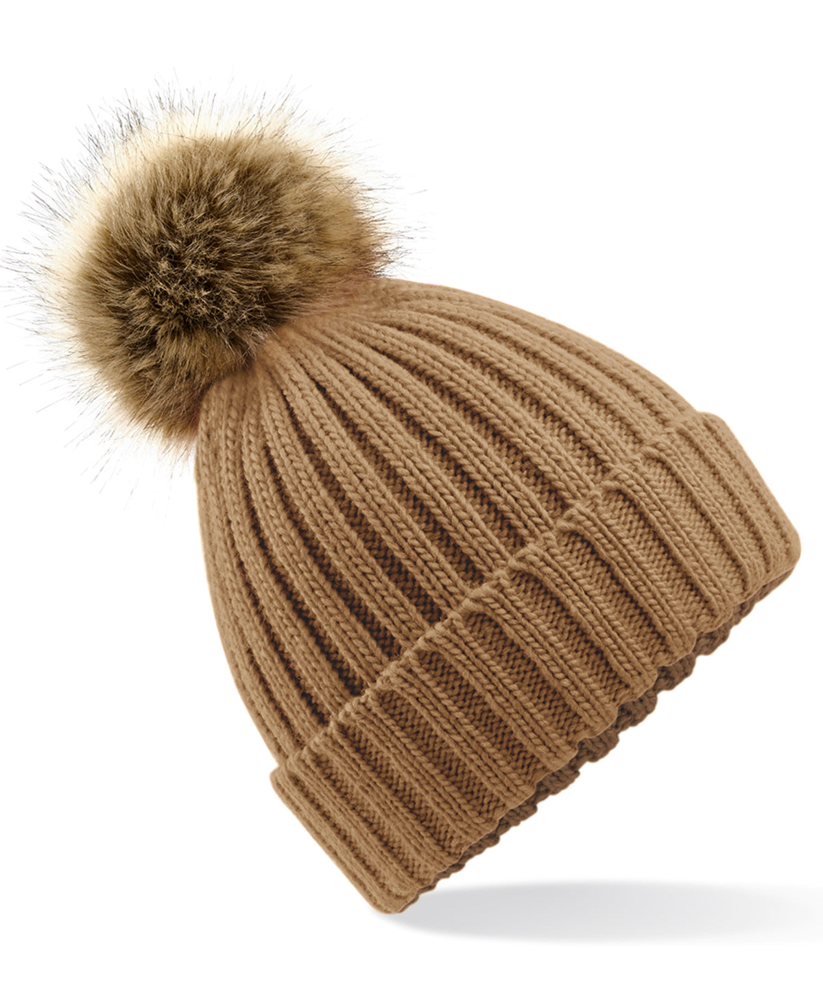 Fur Pop Pom Chunky Beanie in Biscuit, front view