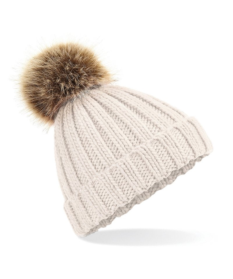 Fur Pop Pom Chunky Beanie in Oatmeal, front view