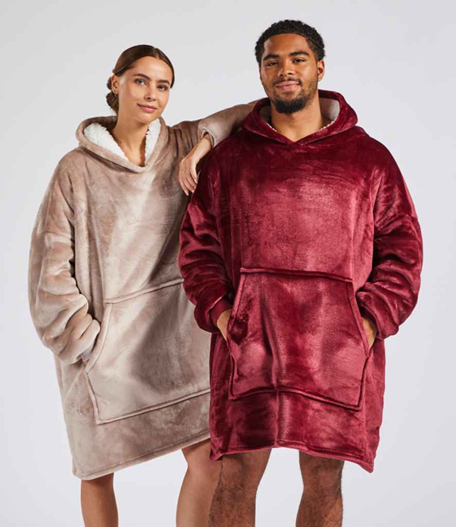 Oversized Hooded Blanket in Burgundy, model photo