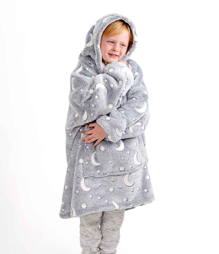 Kids Oversized Hooded Blanket in Grey Glow In The Dark, model photo