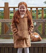 Kids Character Cushion Hooded Blanket in Brown Teddy, model photo