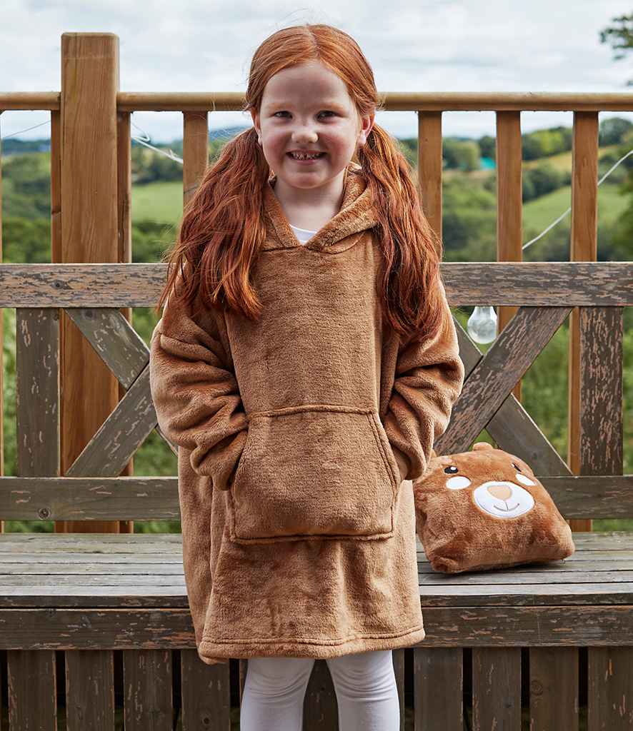 Kids Character Cushion Hooded Blanket in Brown Teddy, model photo