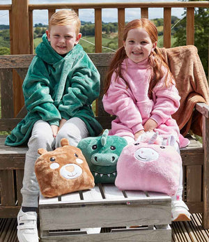Kids Character Cushion Hooded Blanket in Green Dinosaur, model photo (1)