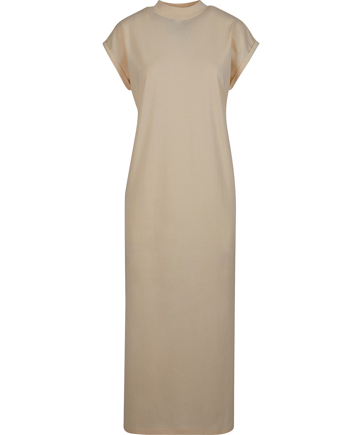 Women’s Long Extended Shoulder Dress in White Sand, front view