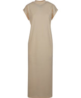 Women’s Long Extended Shoulder Dress in White Sand, front view