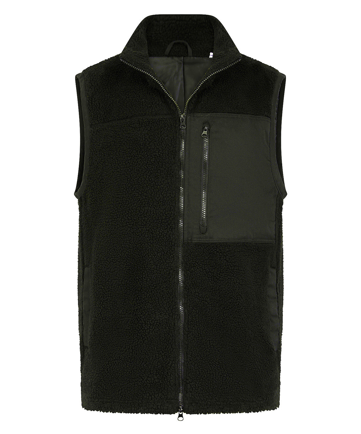 Recycled Sherpa Gilet in Dark Olive, front view