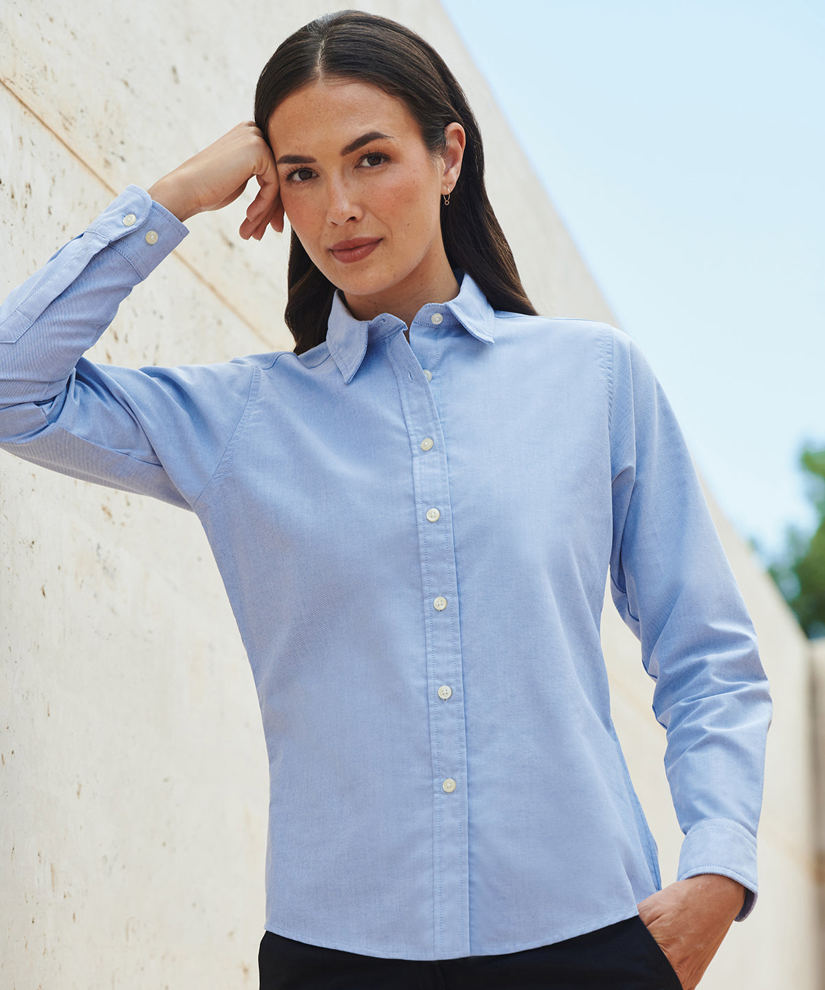 Lifestyle photo of the Women's Classic Long Sleeve Oxford Shirt