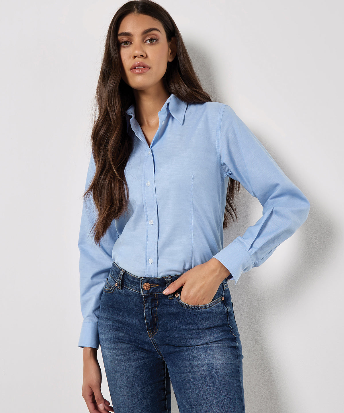 Lifestyle photo of the Women's Workplace Oxford Blouse Long-Sleeved (Tailored Fit)