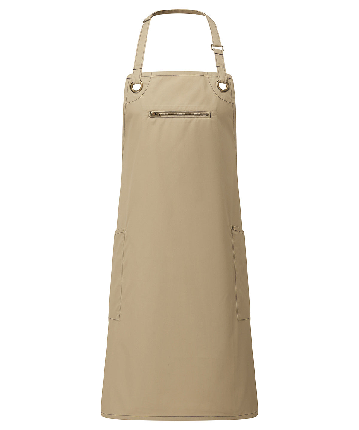 ‘Barley’ Contrast Stitch Bib Apron in Khaki/Brown, front view