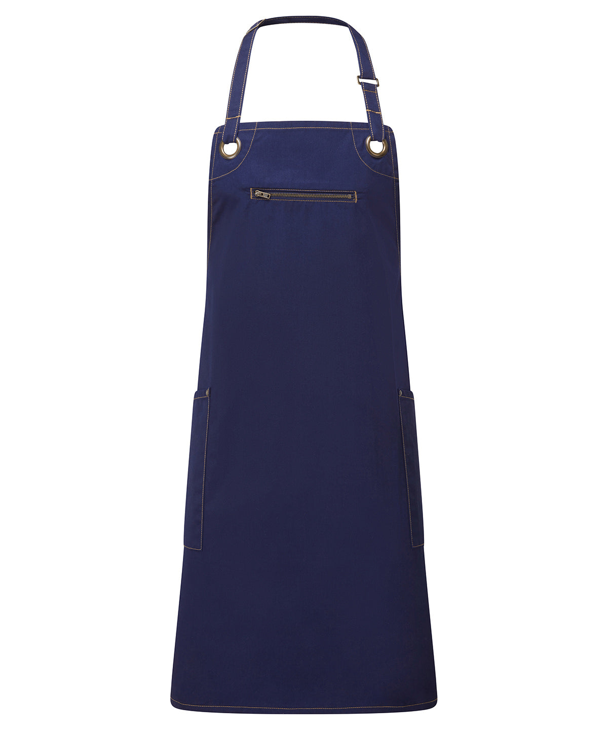 ‘Barley’ Contrast Stitch Bib Apron in Navy/Camel, front view
