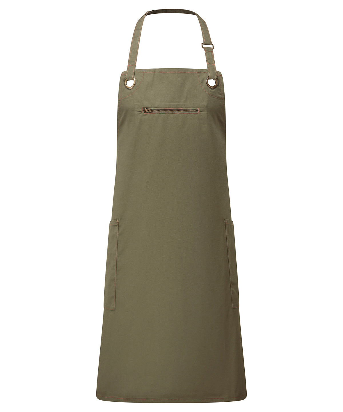 ‘Barley’ Contrast Stitch Bib Apron in Olive/Chestnut, front view