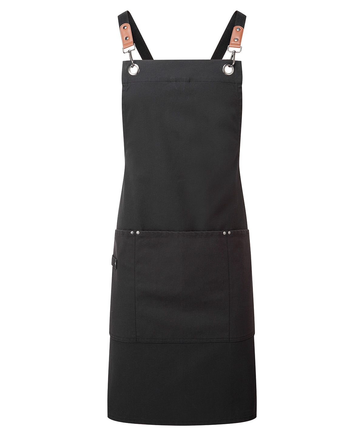 Clip ‘N’ Clasp Cross-Back Bib Apron in Black, front view