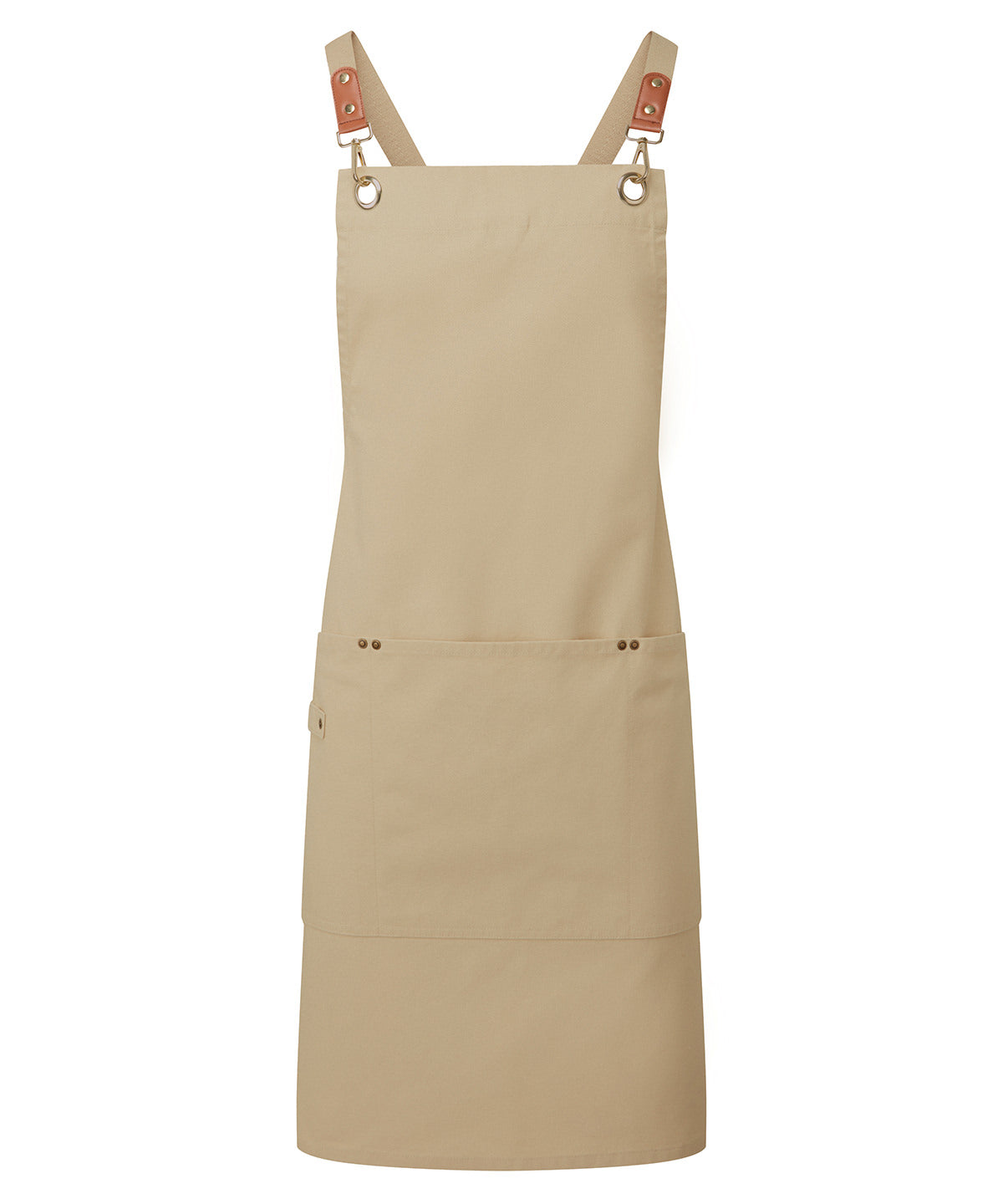Clip ‘N’ Clasp Cross-Back Bib Apron in Khaki, front view