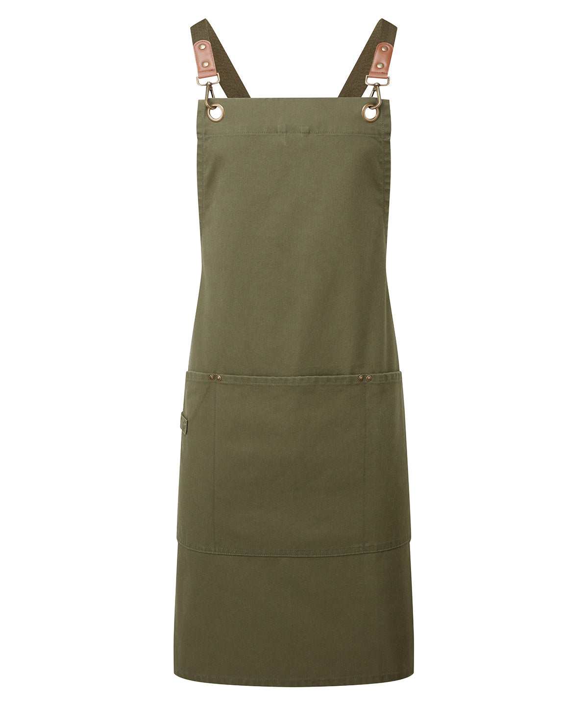 Clip ‘N’ Clasp Cross-Back Bib Apron in Olive, front view