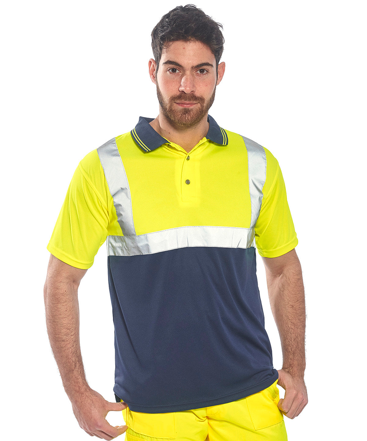 Lifestyle photo of the Two-Tone Polo (S479) in Yellow/Navy