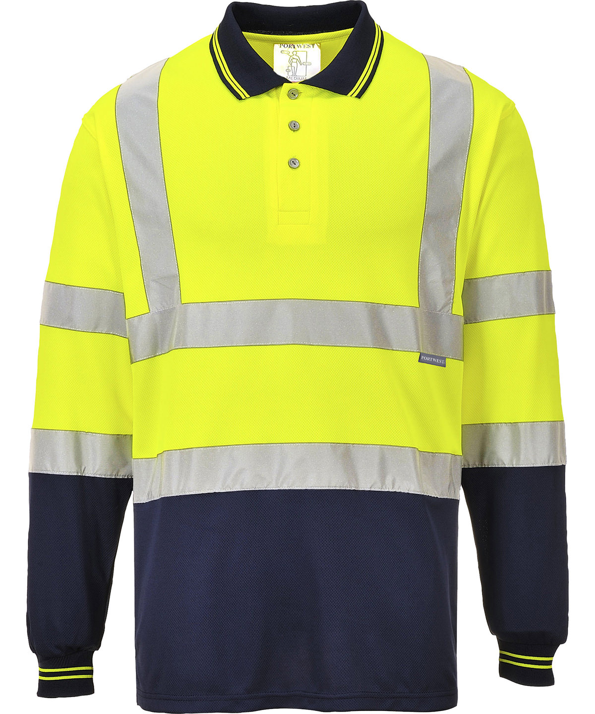Lifestyle photo of the Two-Tone Long Sleeve Polo (S279) in Yellow/Navy