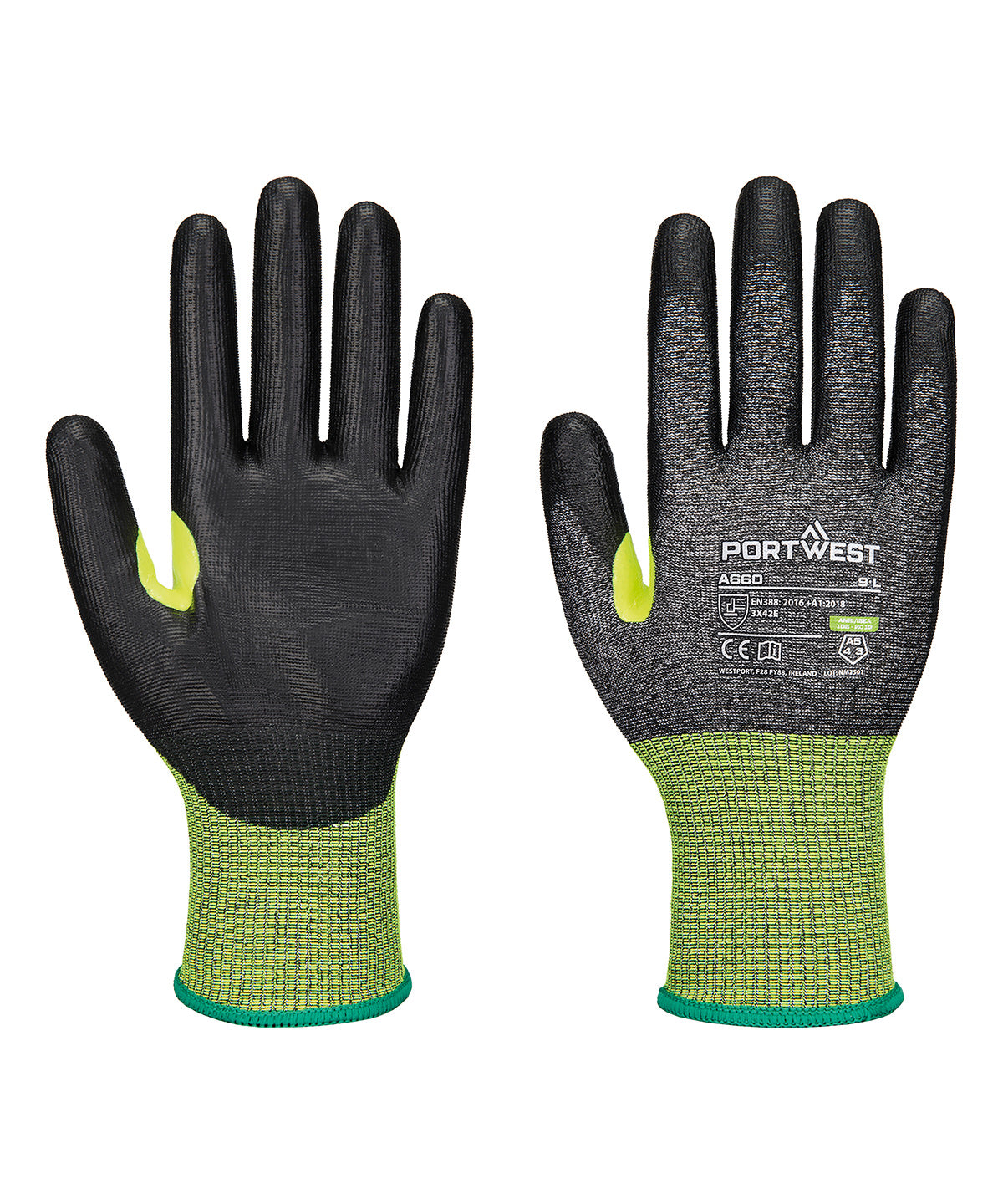CS Cut E18 PU Gloves (A660) in Black, front view