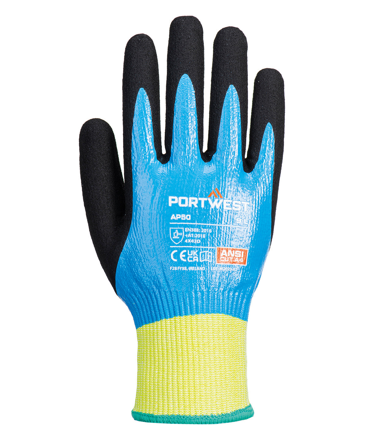 Cut D13 Nitrile Aqua Gloves (Ap50) in Blue/Black, front view