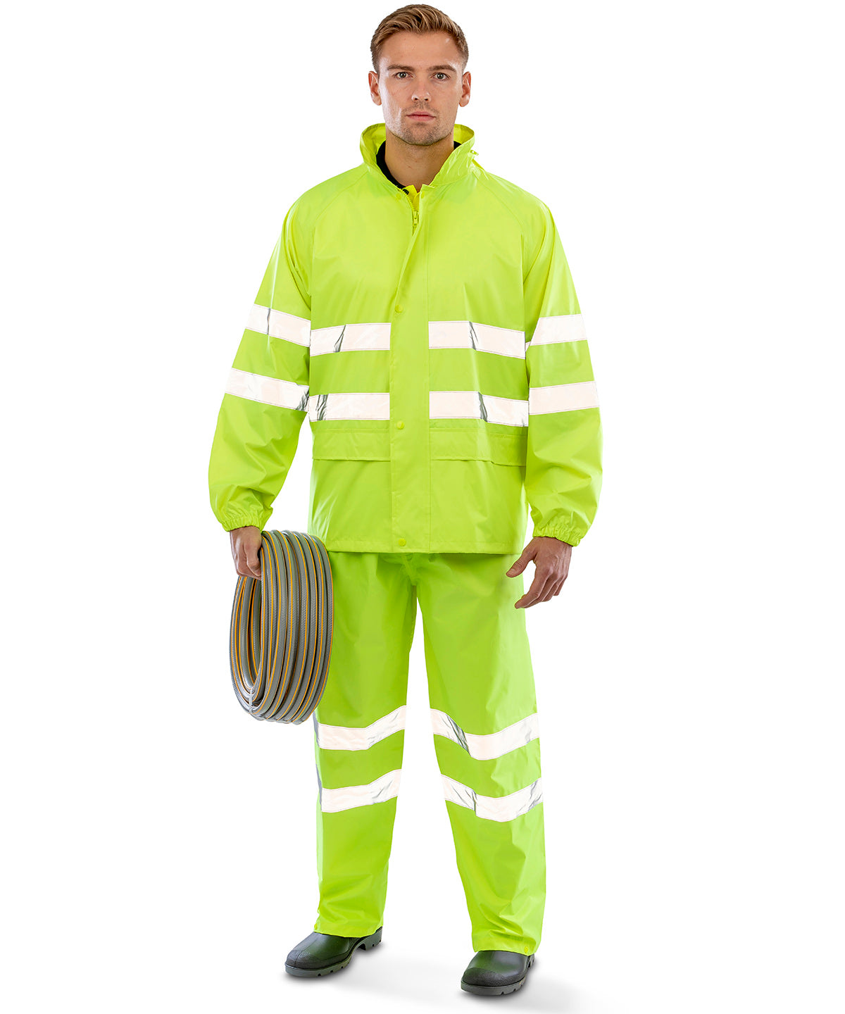 Lifestyle photo of the High-Viz Waterproof Suit in Yellow