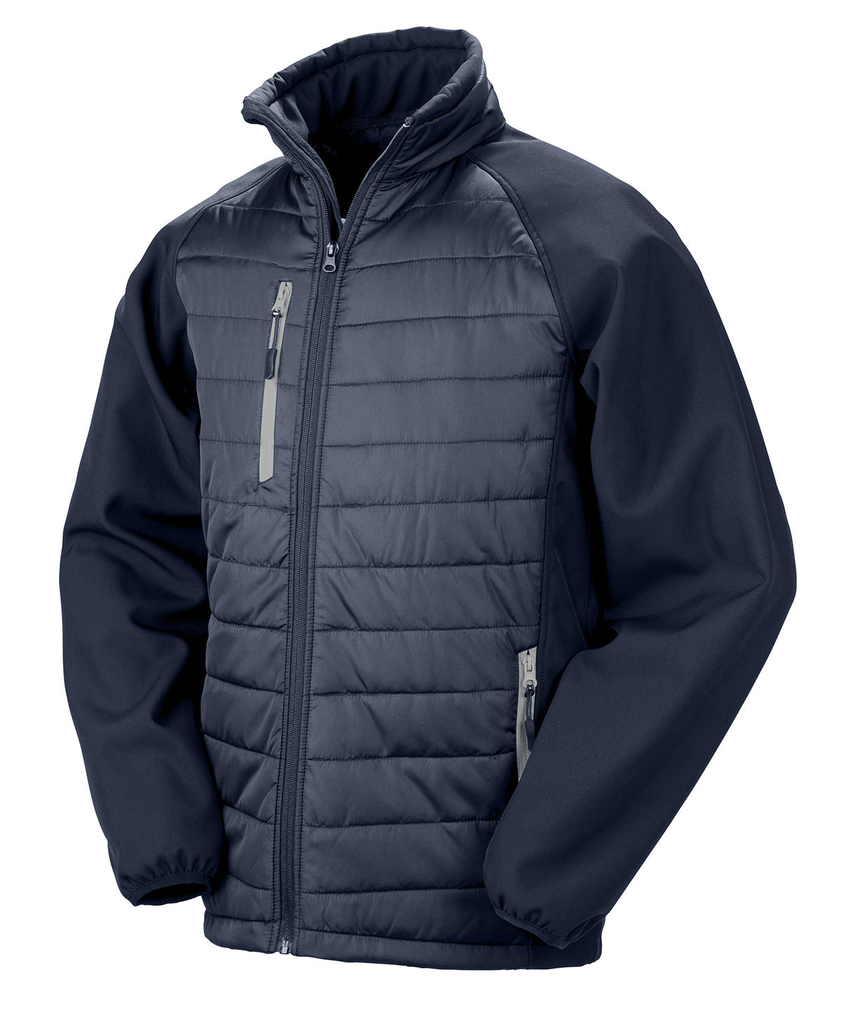 Compass Padded Softshell Jacket in Navy/Grey, front view