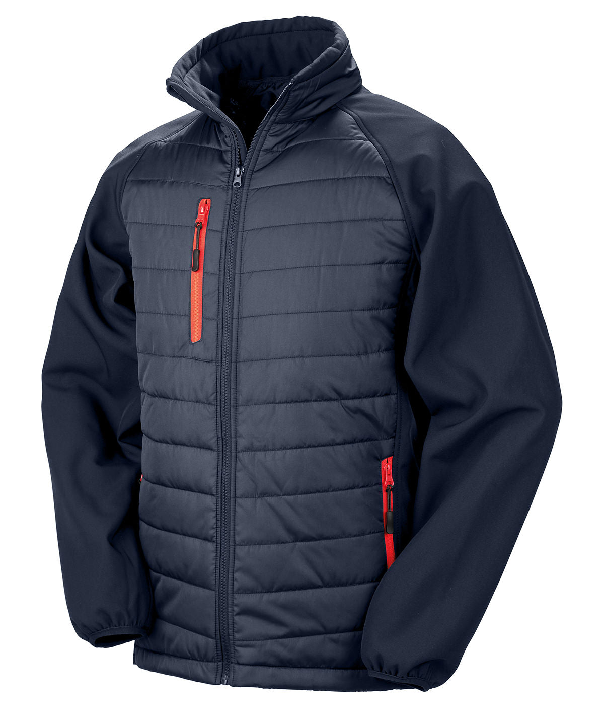Compass Padded Softshell Jacket in Navy/Red, front view