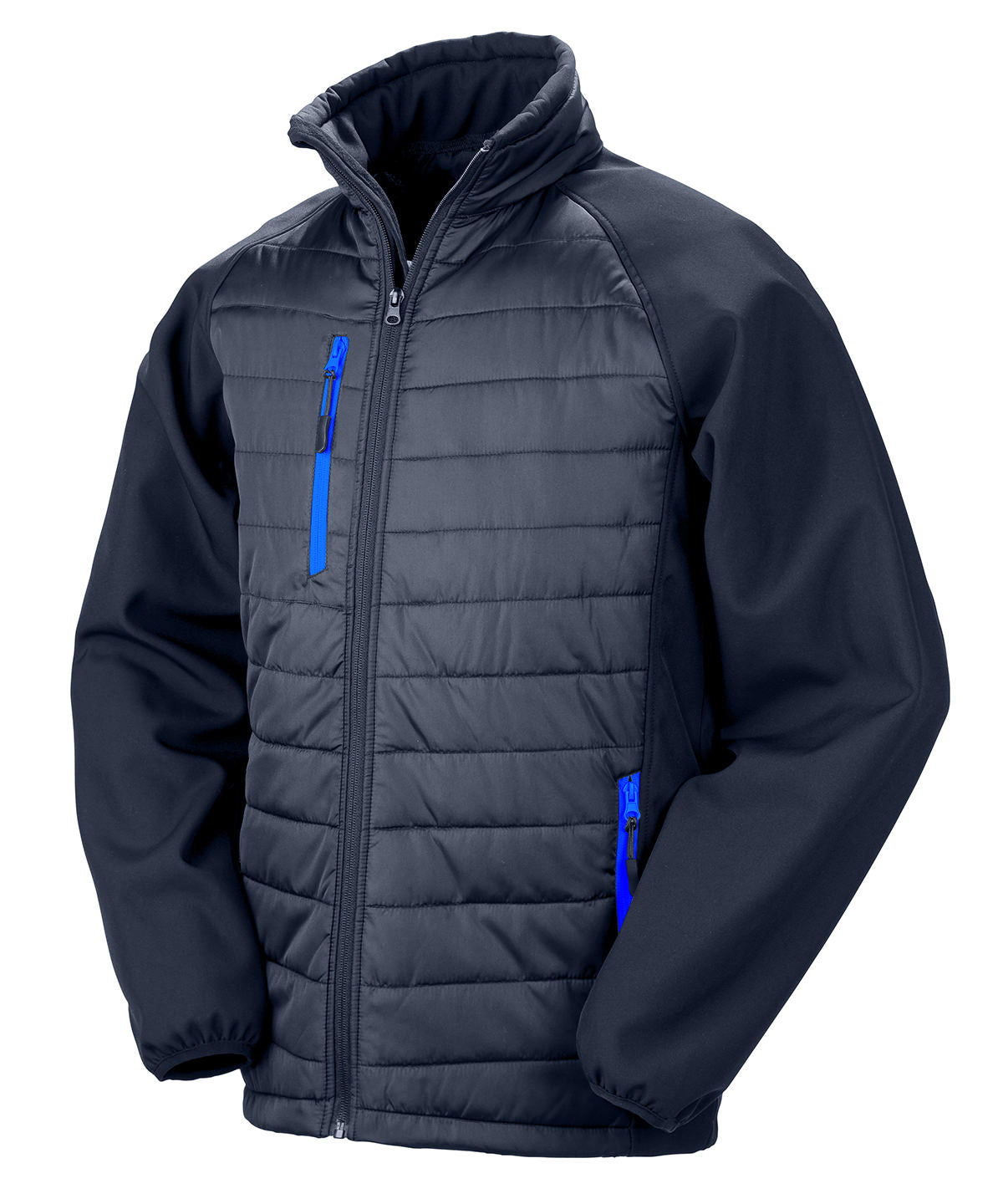 Compass Padded Softshell Jacket in Navy/Royal, front view