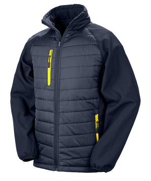 Compass Padded Softshell Jacket in Navy/Yellow, front view