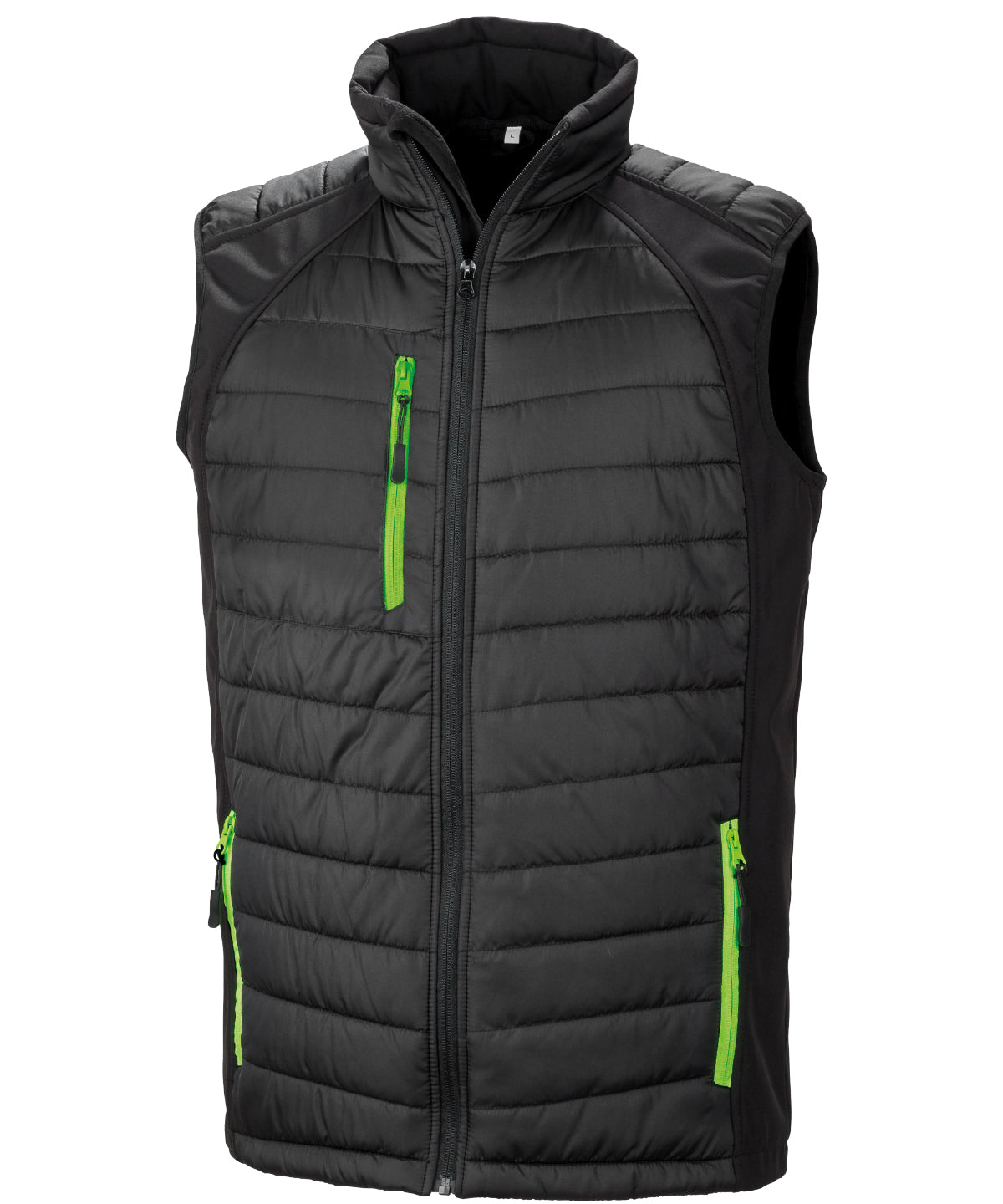 Compass Padded Softshell Gilet in Black/Lime, front view