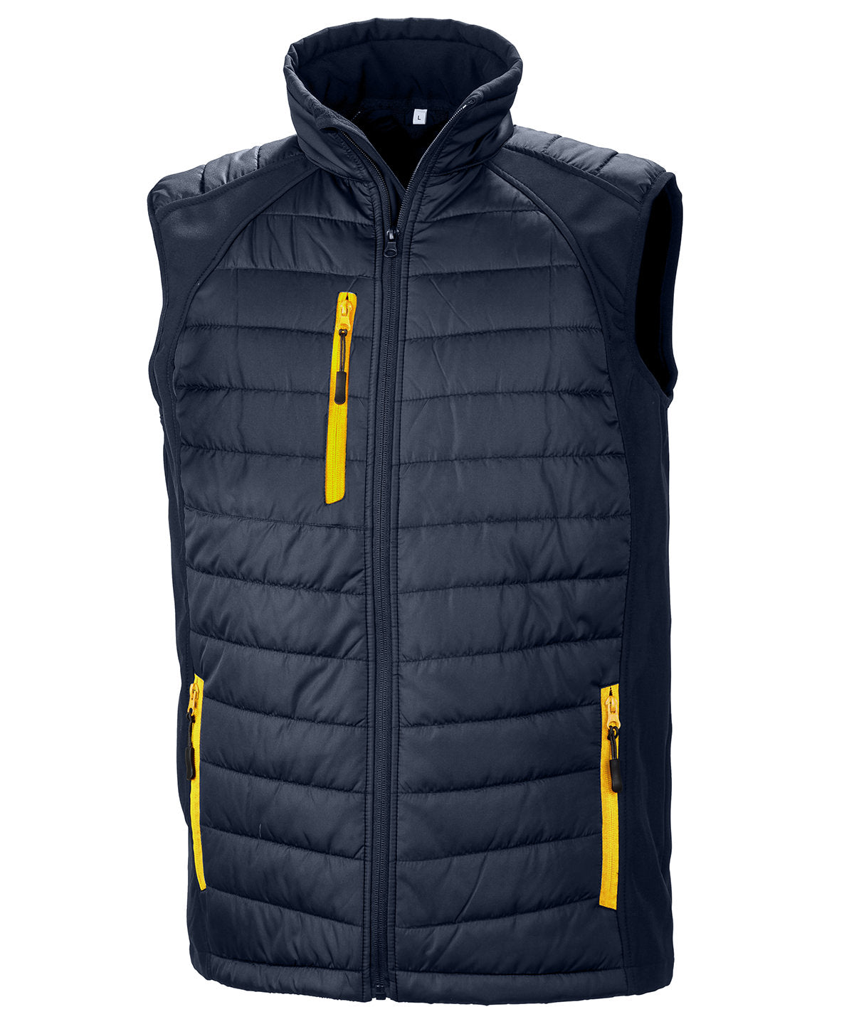 Compass Padded Softshell Gilet in Navy/Yellow, front view