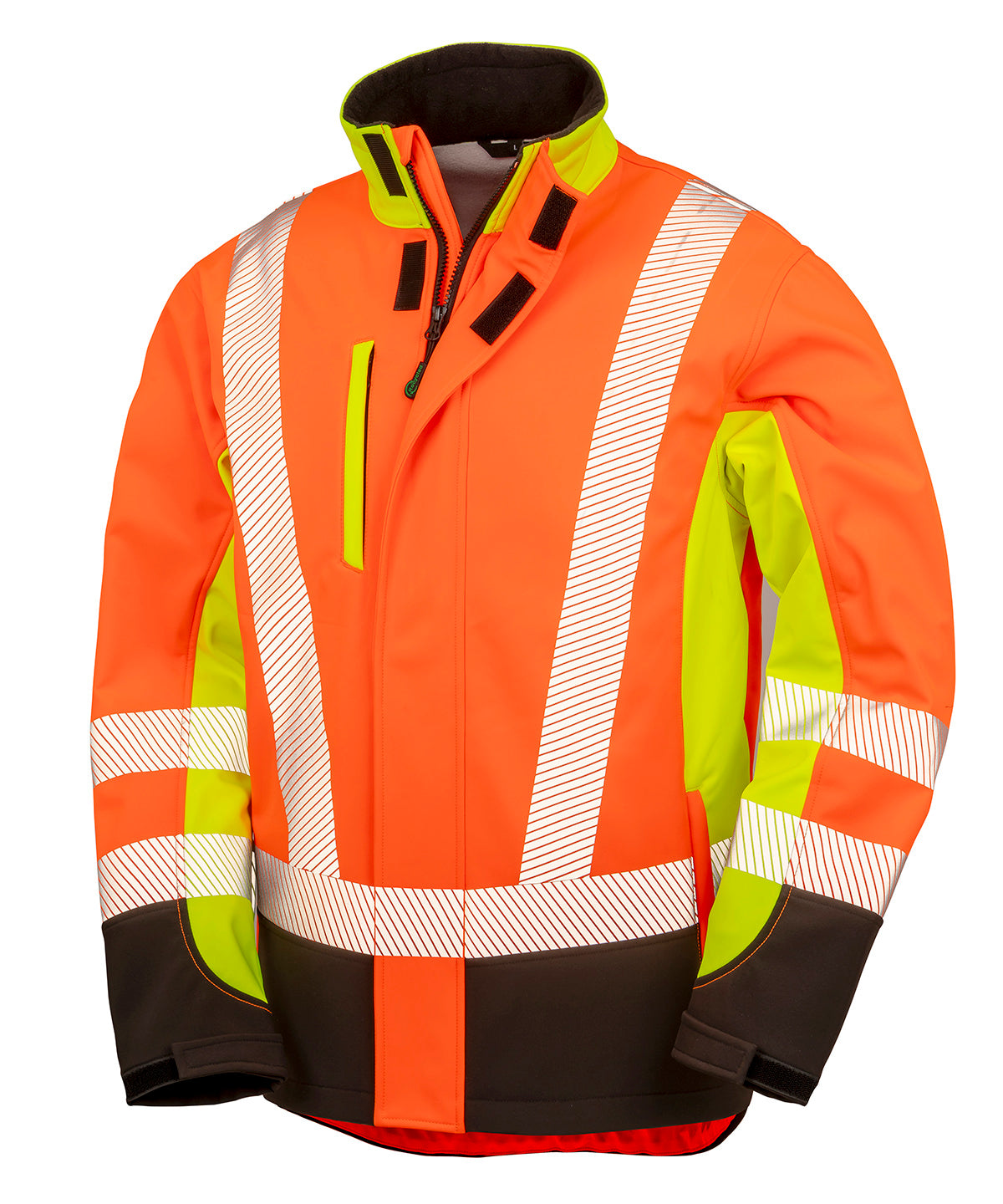 Recycled 3-Layer Printable 3-Tone Safety Softshell in Fluorescent Yellow/Fluorescent Orange/Black, front view