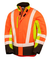 Recycled 3-Layer Printable 3-Tone Safety Softshell in Fluorescent Yellow/Fluorescent Orange/Black, front view