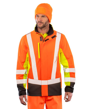 Lifestyle photo of the Recycled 3-Layer Printable 3-Tone Safety Softshell in Fluorescent Yellow/Fluorescent Orange/Black