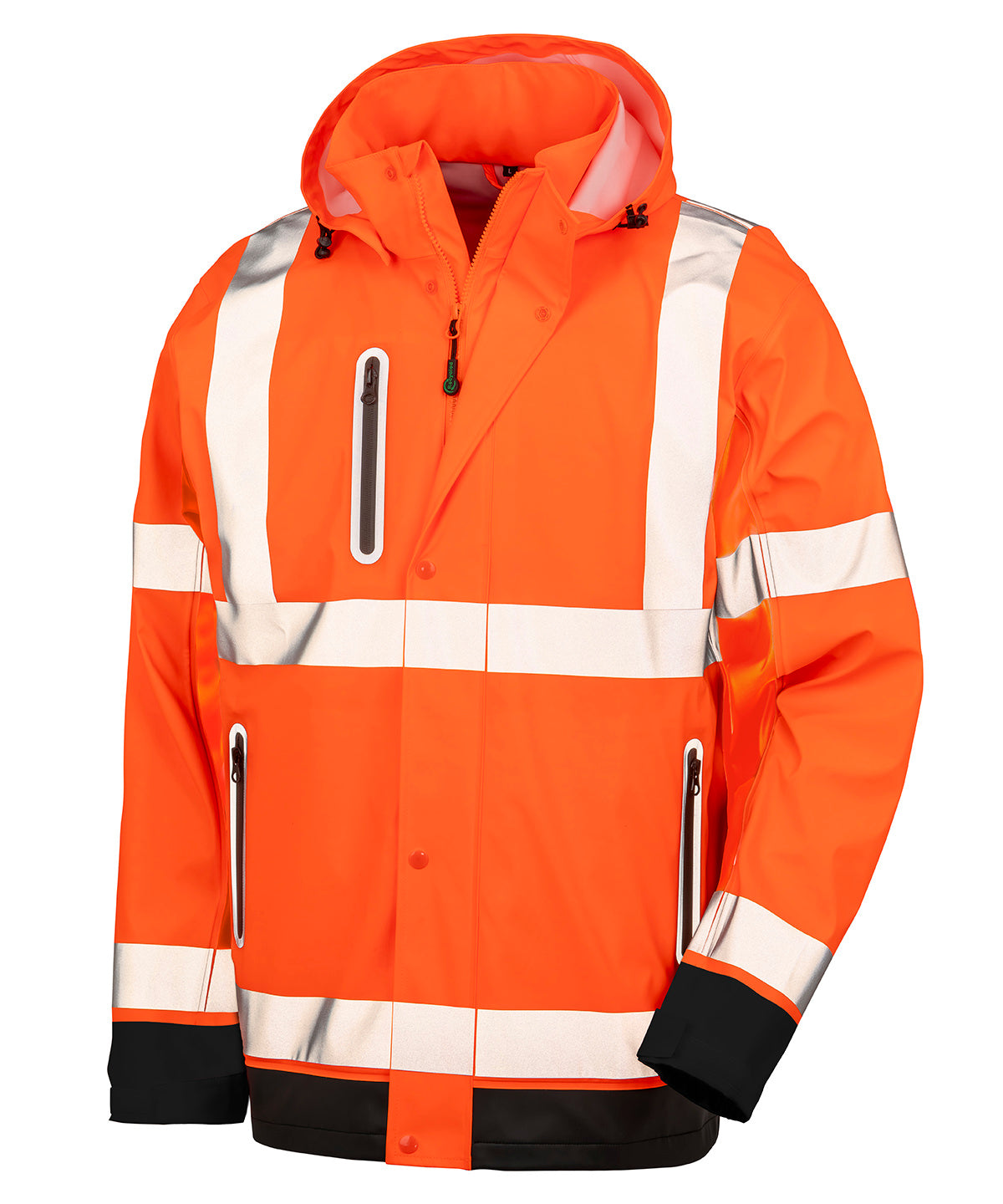 Heavy-Duty Prism PU Safe and Dry Jacket with Recycled Backing in Fluorescent Orange/Black, front view