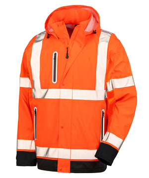 Heavy-Duty Prism PU Safe and Dry Jacket with Recycled Backing in Fluorescent Orange/Black, front view