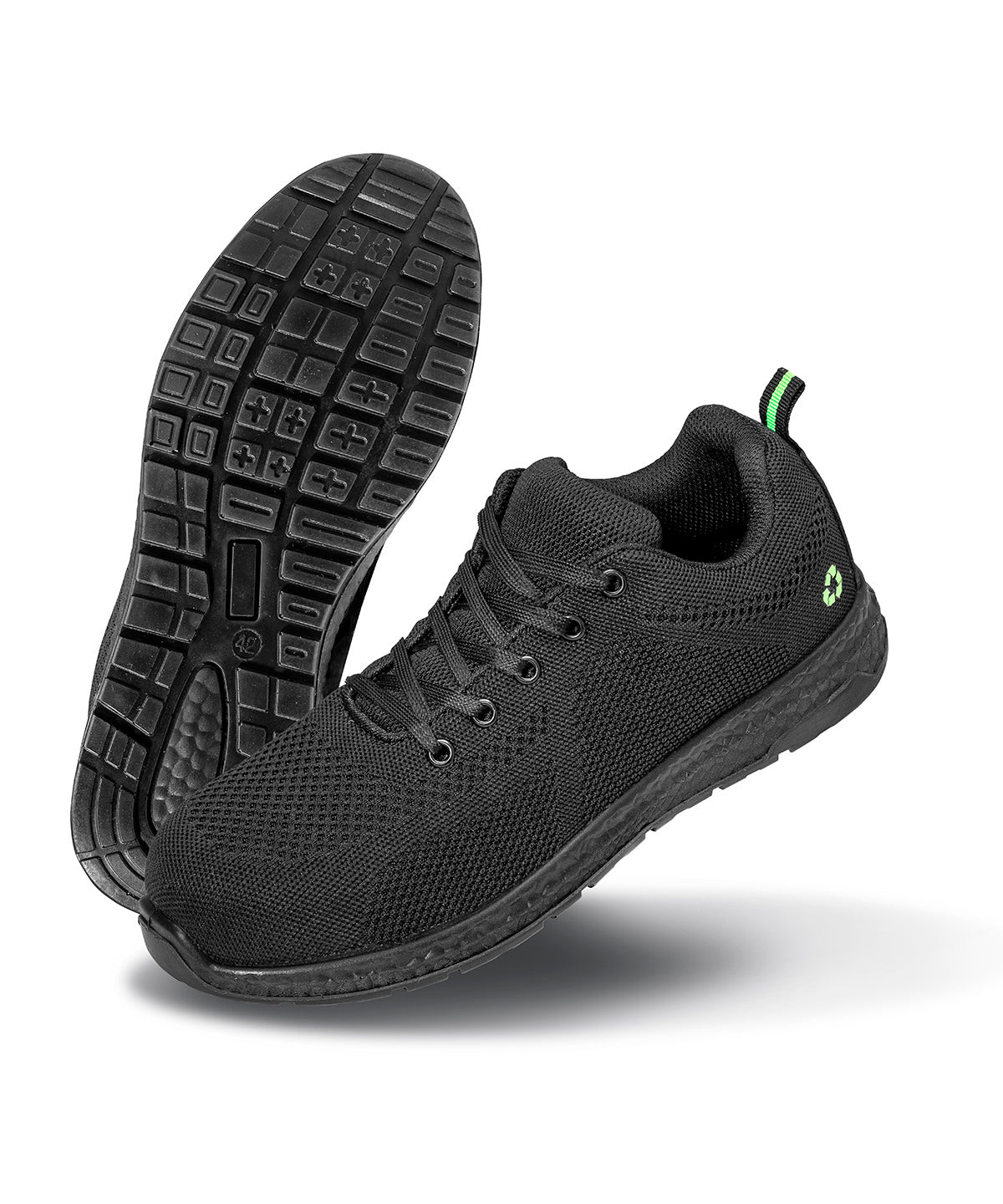 Recycled Safety Trainers in Black, front view