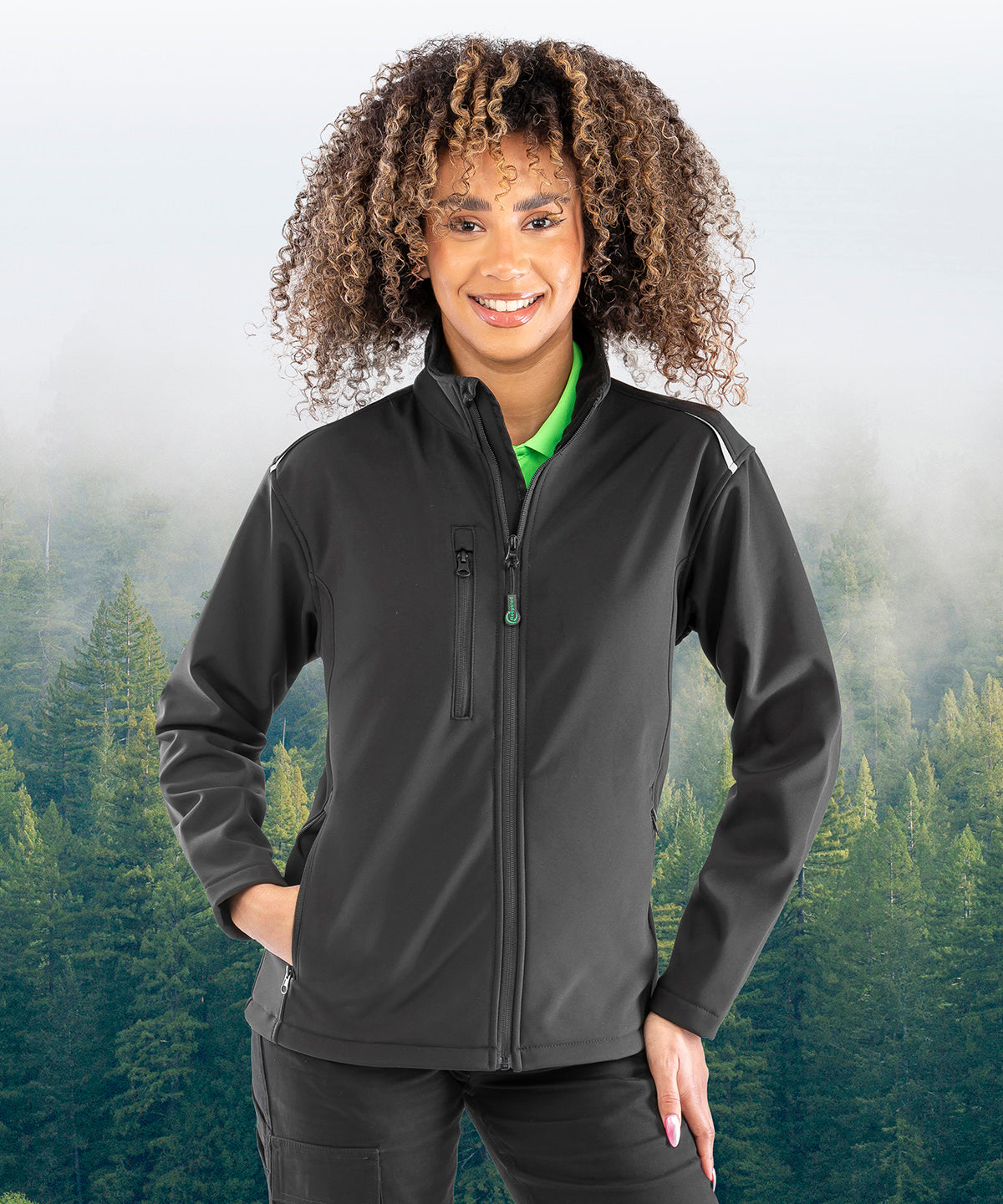 Lifestyle photo of the Women's Recycled 3-Layer Printable Softshell Jacket
